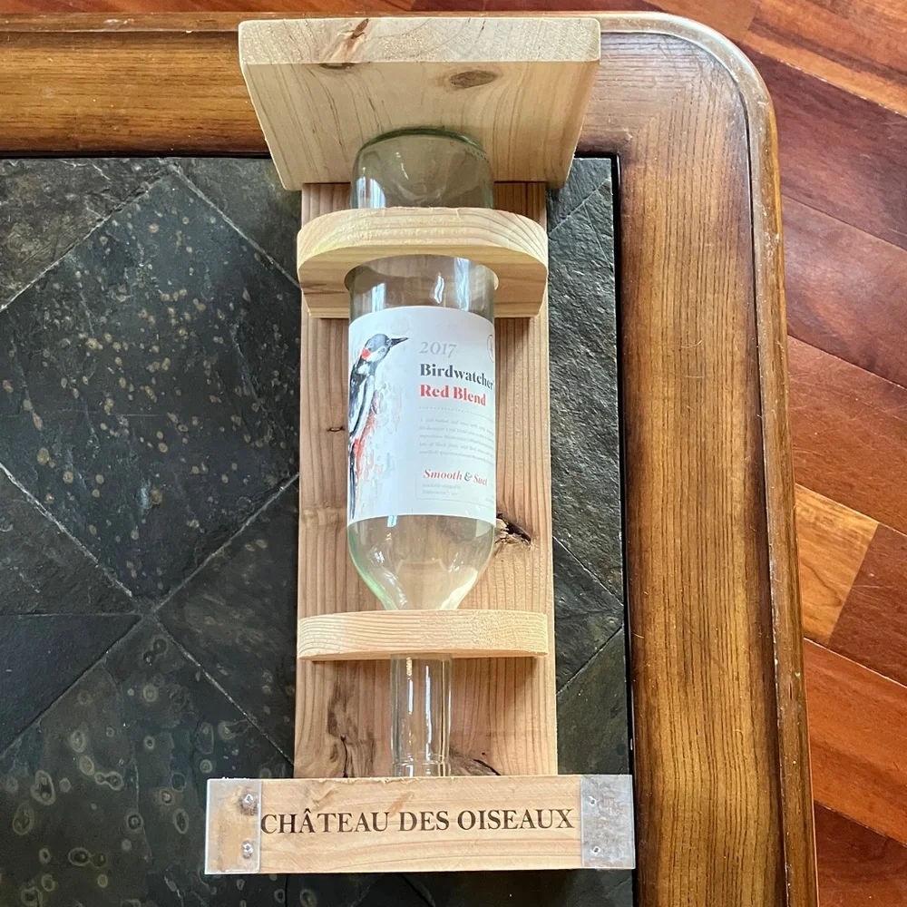New: Cedar Bird Feeder with Wine Bottle - Natural Wood